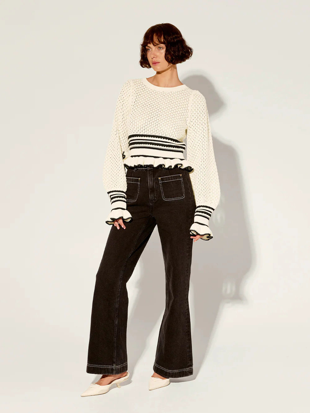 ZARA Ruffle Trim Contrast Color Knit Sweater - Picture 4 of 6